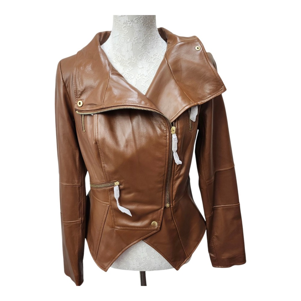 G.I.L.I. Leather Jacket Cognac Brown Asymmetrical Zip Moto Chic Size 8